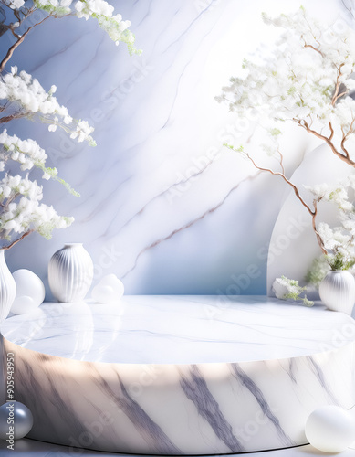 White Marble Podium with Branches and Vases