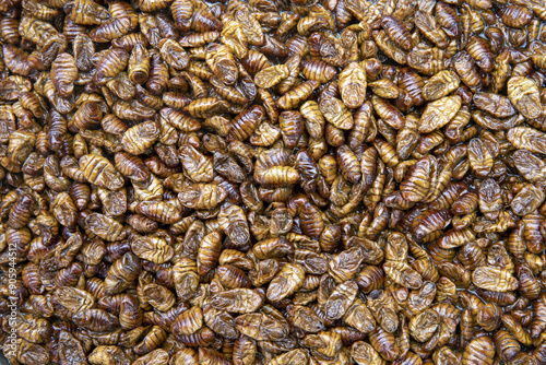 Close-up of stacked boiled pupa flesh for sale at traditional market, South Korea
 photo