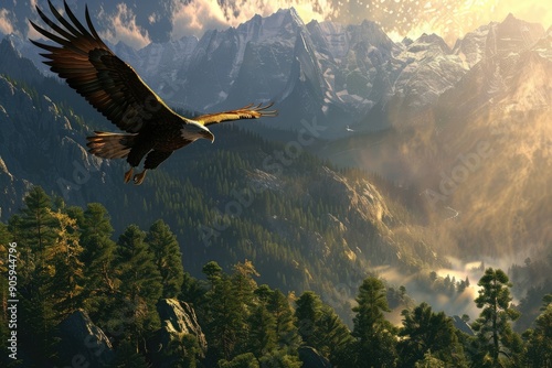 American bald eagle flying over beautiful landscape with mountains and forest. Wild bird with spread wings in flight photo