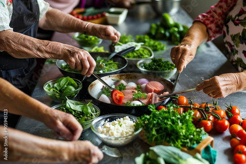 Active senior people in Cooking class learning traditional food, pasta or recipe. interactive cooking sessions or workshop