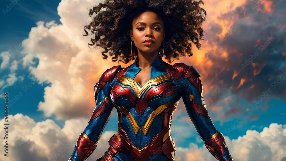Fototapeta premium African American Superhero Standing Confidently Against Dramatic Cloudy Sky at Dusk