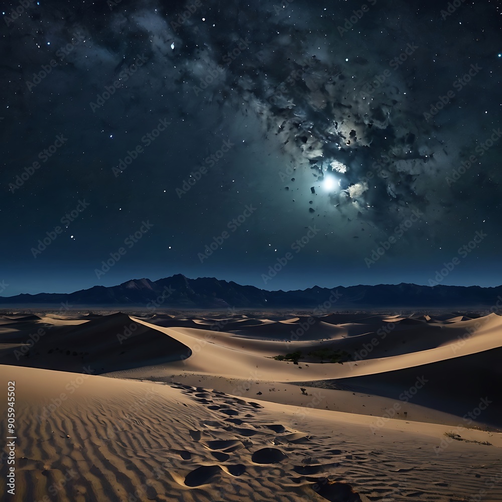 Fototapeta premium Beautiful desert at night with stars and a stunning sky showing the full moon