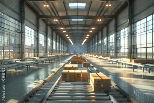 Modern warehouse with conveyor belts transporting packages in a well-lit industrial environment, showcasing logistics and efficient operations.