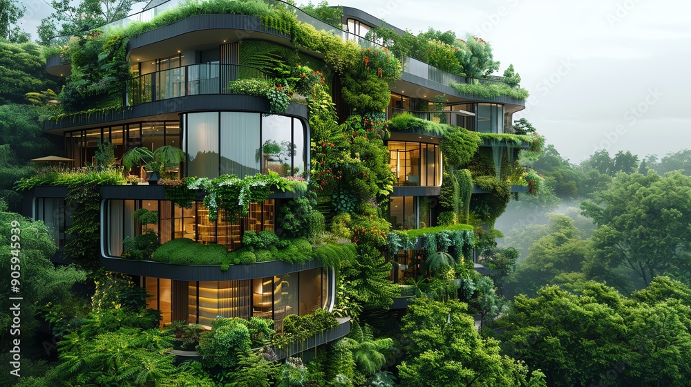 A stunning modern building enveloped in lush greenery, showcasing nature-integrated architecture in a serene environment.