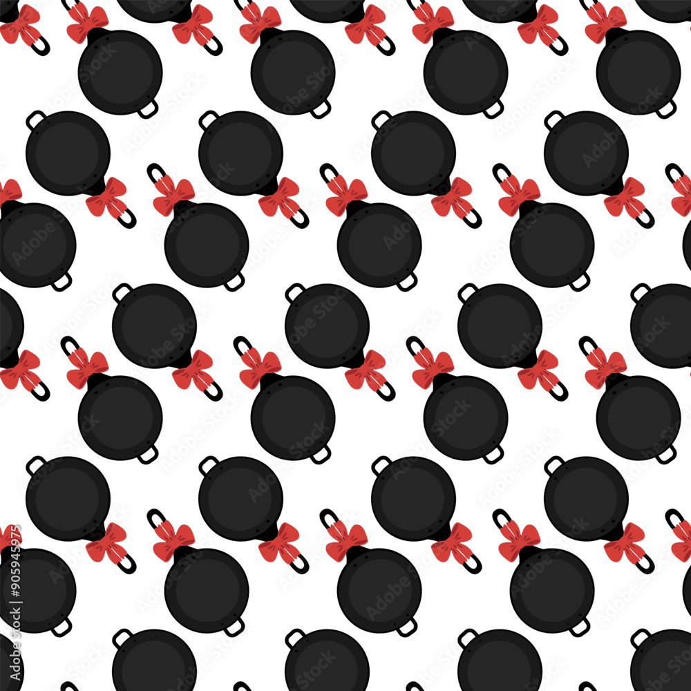 Fototapeta premium Fry pan with handle and red bow Seamless pattern in cartoon style. Top view. Isolated Background