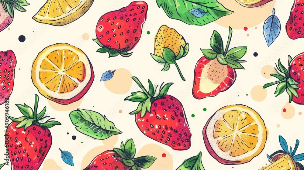 Hand drawn fruit pattern with strawberries leaves objects and space for text