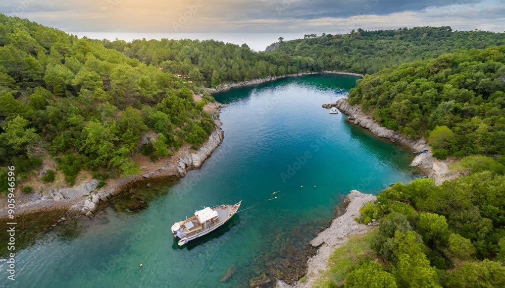 Boat moored in a cove with green forests all around aerial view Boat moored in a cove with green forests all around aerial view
