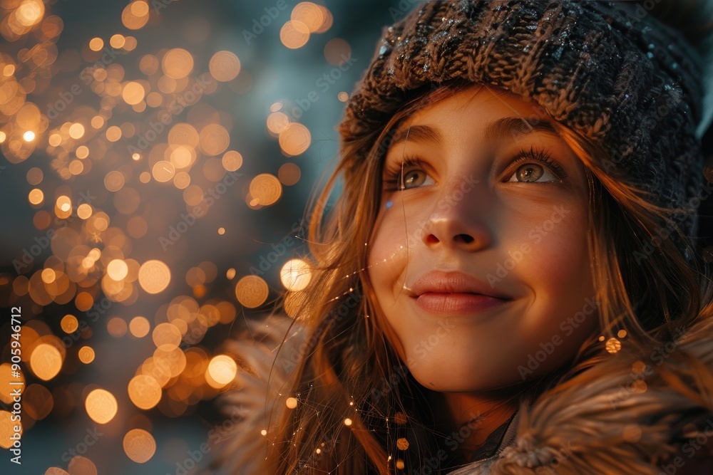 Young girl enjoying a magical winter evening, surrounded by beautiful golden bokeh lights, wearing a cozy knit hat and a warm coat. Young girl enjoying a magical winter evening, surrounded by beautiful golden bokeh lights, wearing a cozy knit hat and a warm coat.