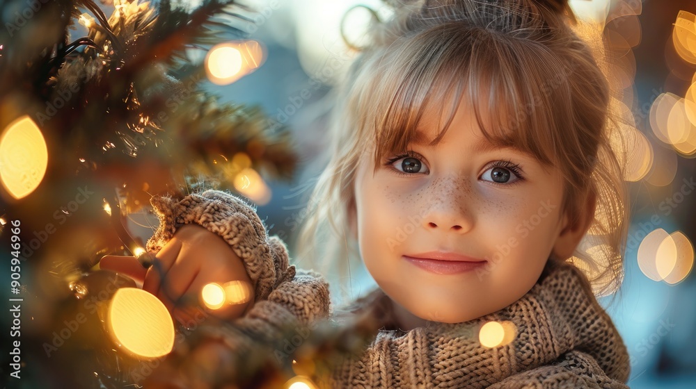 A young girl with blonde hair smiling warmly near a Christmas tree decorated with fairy lights in a cozy holiday atmosphere. A young girl with blonde hair smiling warmly near a Christmas tree decorated with fairy lights in a cozy holiday atmosphere.
