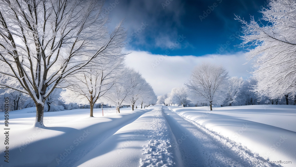 The beauty of the world covered in snow. Every tree branch and path is covered in white, creating a uniform and peaceful landscape.