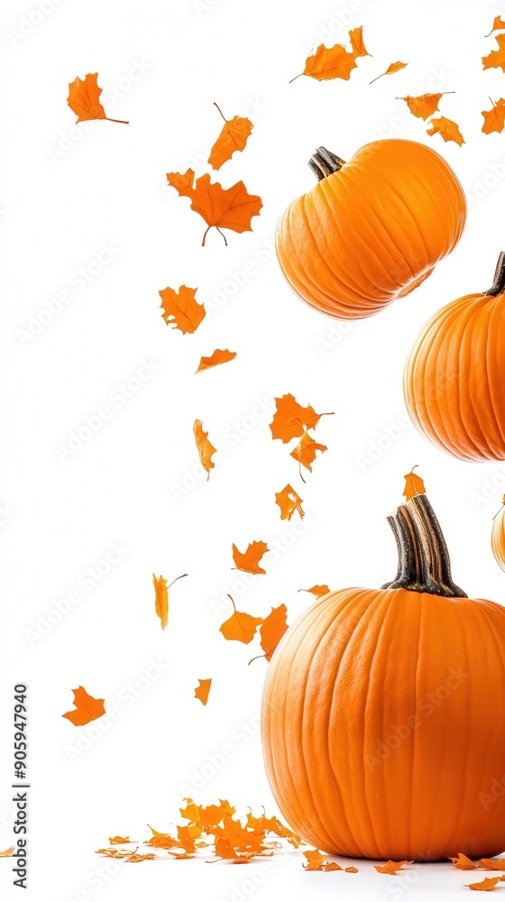 Naklejka premium Falling pumpkins, isolated on white background, banner copy space