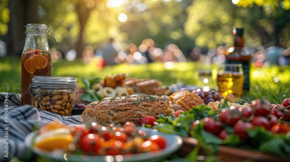 Fototapeta premium Outdoor picnic scene with a variety of fresh food, drinks, and snacks laid out on a blanket, surrounded by greenery and sunlight.