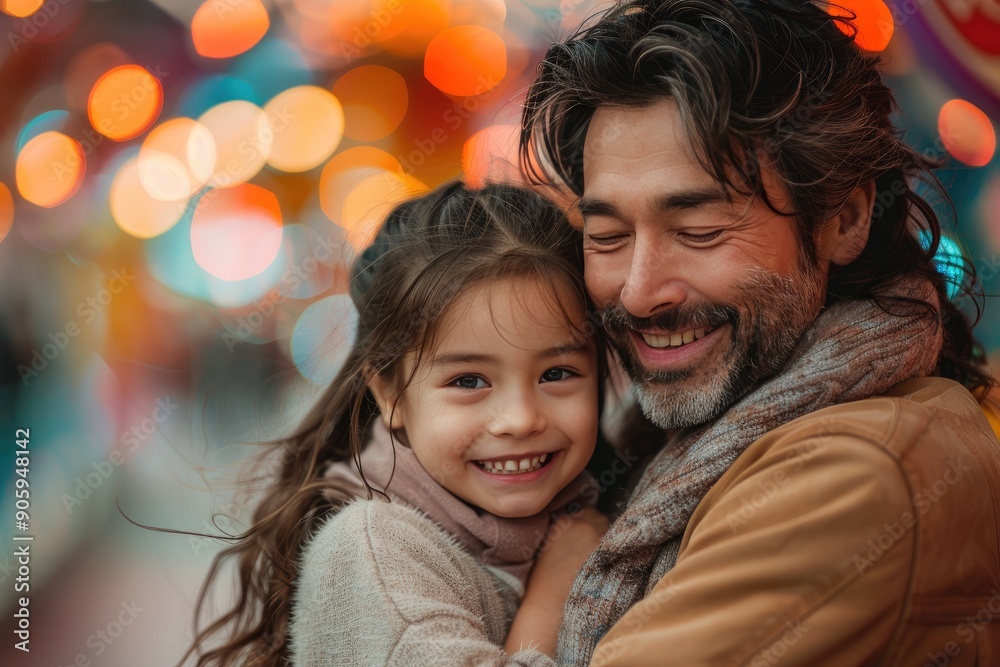 Smiling father and daughter embrace at a vibrant, bokeh-filled festival, showcasing love and joy in a heartwarming family moment.