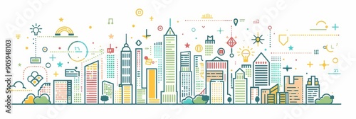 A vibrant city skyline with skyscrapers, abstract shapes, and symbols representing innovation, creativity, and connectivity.