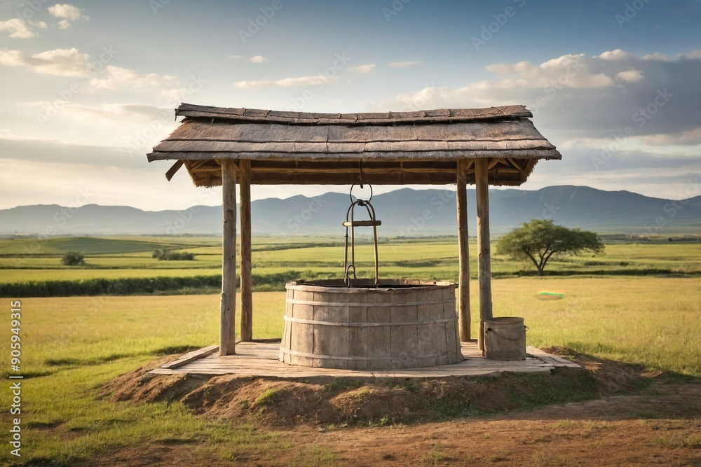 Well with Wooden Roof: A traditional well with a wooden roof and bucket, in a rural landscape. Well with Wooden Roof: A traditional well with a wooden roof and bucket, in a rural landscape.
