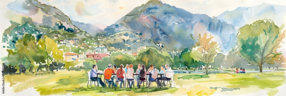 A watercolor painting depicting a group of people gathered in a ...