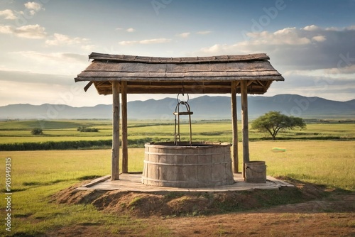 Well with Wooden Roof: A traditional well with a wooden roof and bucket, in a rural landscape.