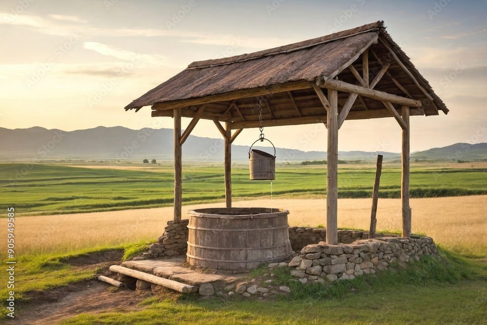 Well with Wooden Roof: A traditional well with a wooden roof and bucket, in a rural landscape. Well with Wooden Roof: A traditional well with a wooden roof and bucket, in a rural landscape.