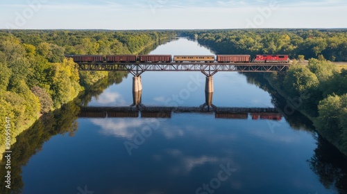 Train Crossing a River on a Bridge with Reflections in Water