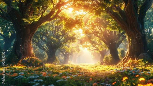 Sunlight filters through a lush, green forest with vibrant flowers. A serene, magical landscape perfect for nature and fantasy themes.