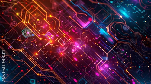 Abstract digital circuitry with vibrant glowing lines symbolizing technology, innovation, connection, communication, and data flow.