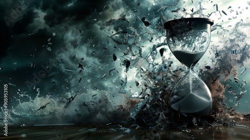 An hourglass stands amidst a storm of broken glass, symbolizing the fragility of time, the chaos of change, and the inevitability of destruction. The dark clouds and crashing waves represent the force