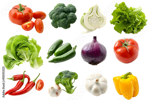 Fresh vegetables isolated on black background, including tomatoes, broccoli, lettuce, peppers, onions, and garlic.