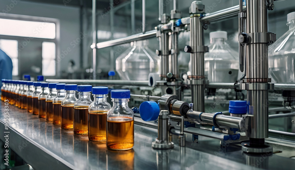 Naklejka premium Medical vials on production line at pharmaceutical factory, pharmaceutical machine glass views.