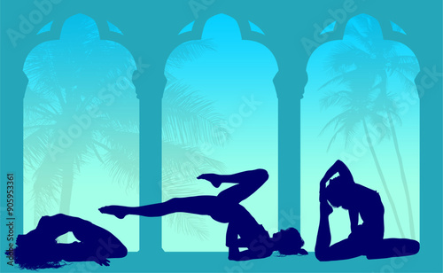 vector silueta femenina, yoga, ballet, estiramientos, deporte, flexibilidad, postura yoga, ventanal, contra luz