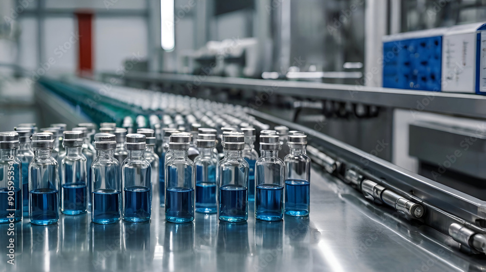 Medical vials on production line at pharmaceutical factory, pharmaceutical machine glass views. Medical vials on production line at pharmaceutical factory, pharmaceutical machine glass views.
