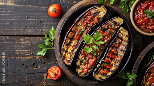 Closeup of three grilled eggplant halves filled with tomato sauce, herbs, and spices. This Mediterranean dish is a healthy and flavorful meal option. photo