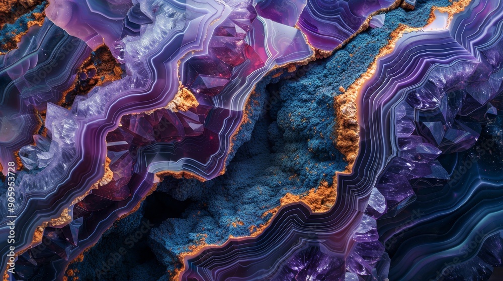 Naklejka premium Close-up shot of a purple agate crystal showing its intricate patterns, textures, and colors. The image symbolizes beauty, nature, geology, mineral, and artistry.