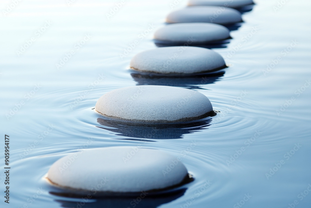 A row of smooth, round stones are arranged in perfect rows on the surface of water A row of smooth, round stones are arranged in perfect rows on the surface of water