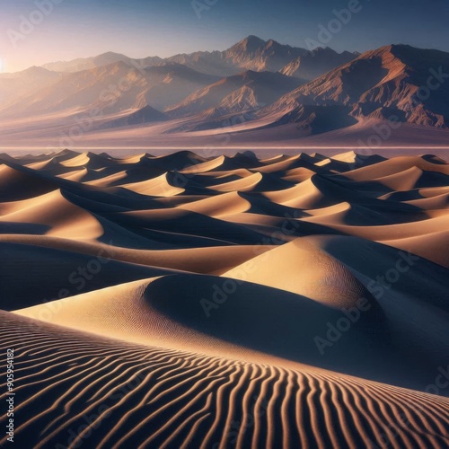 Rippled Sand Dunes and Amargosa Mountains in Death Valley photo