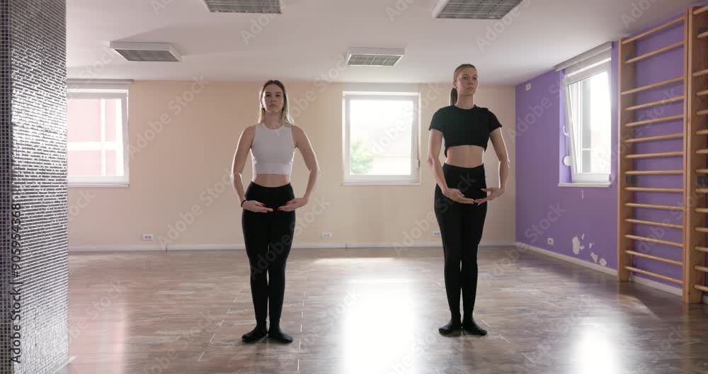 Two young women are practicing dance moves in a bright fitness studio setting. Two young women are practicing dance moves in a bright fitness studio setting.