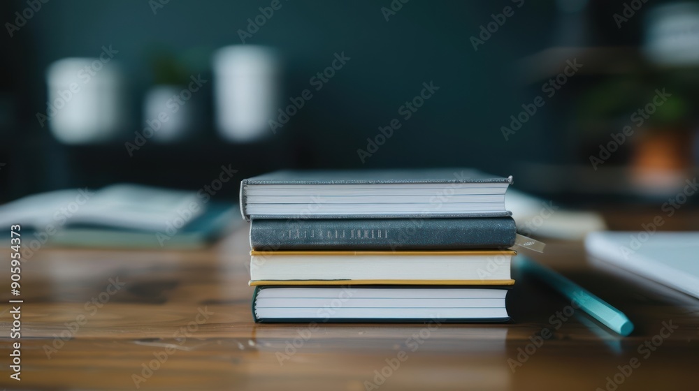 A stack of books on a wooden table with a pen, suggesting learning and education.