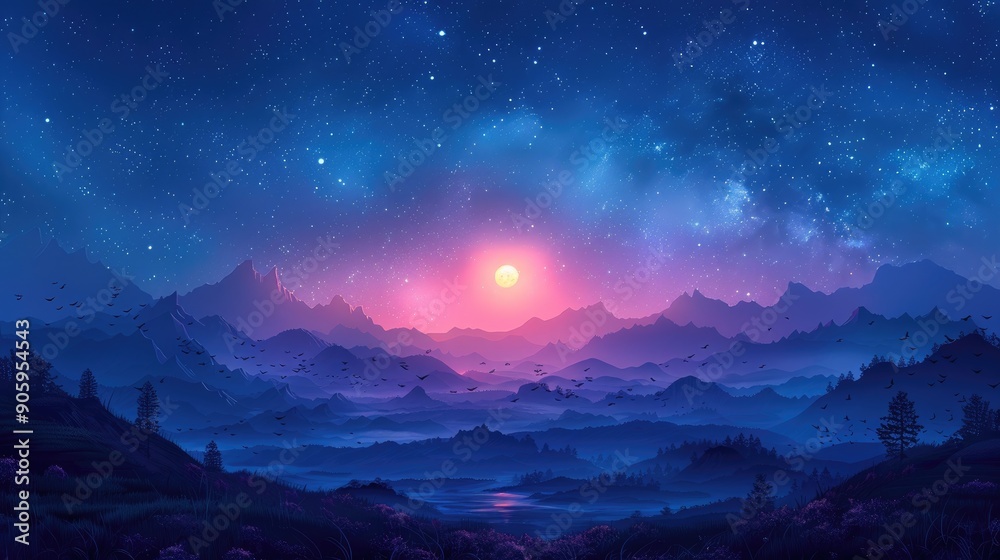 Enchanting cosmic landscape featuring a vibrant sunset over misty mountains under a starry night sky, creating a serene and mystical atmosphere.