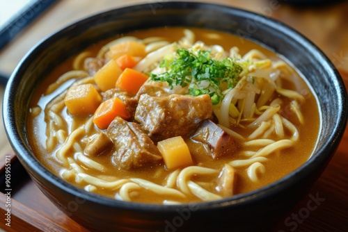 A Bowl of Japanese Curry Udon Noodles with Beef and Vegetables