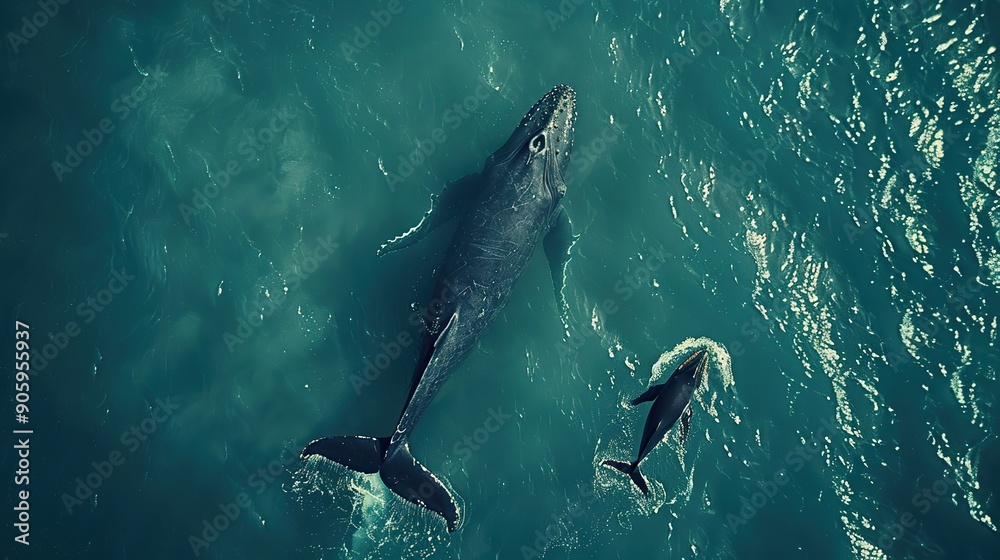 Obraz premium Top view of humpback whale and calf in the ocean on the surface of the ocean in Australia, New South Wales. aerial view. copy space for text.