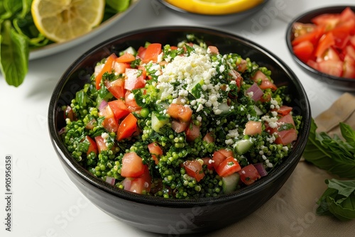 Tabbouleh Salad with Tomatoes, Cucumber, and Parsley in a Black Bowl