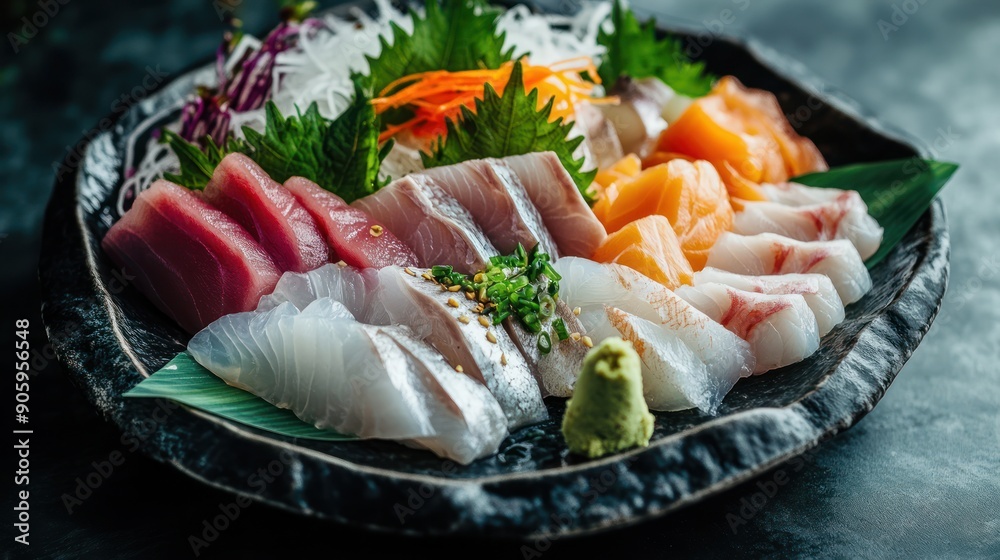 Assortment of Sashimi on Black Plate with Green Garnish Assortment of Sashimi on Black Plate with Green Garnish