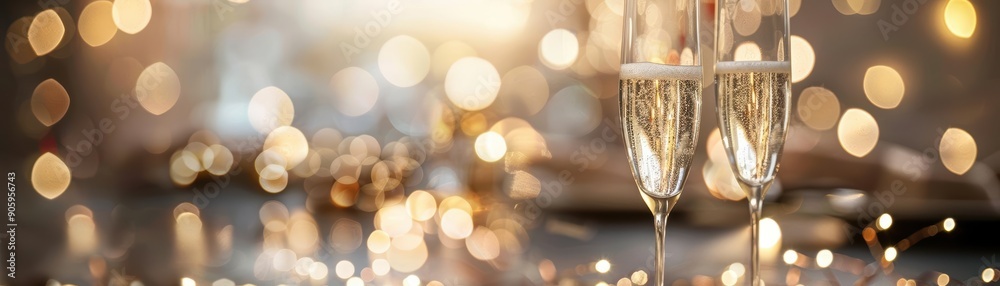 Two champagne flutes filled with sparkling wine against a backdrop of bokeh lights. Two champagne flutes filled with sparkling wine against a backdrop of bokeh lights.