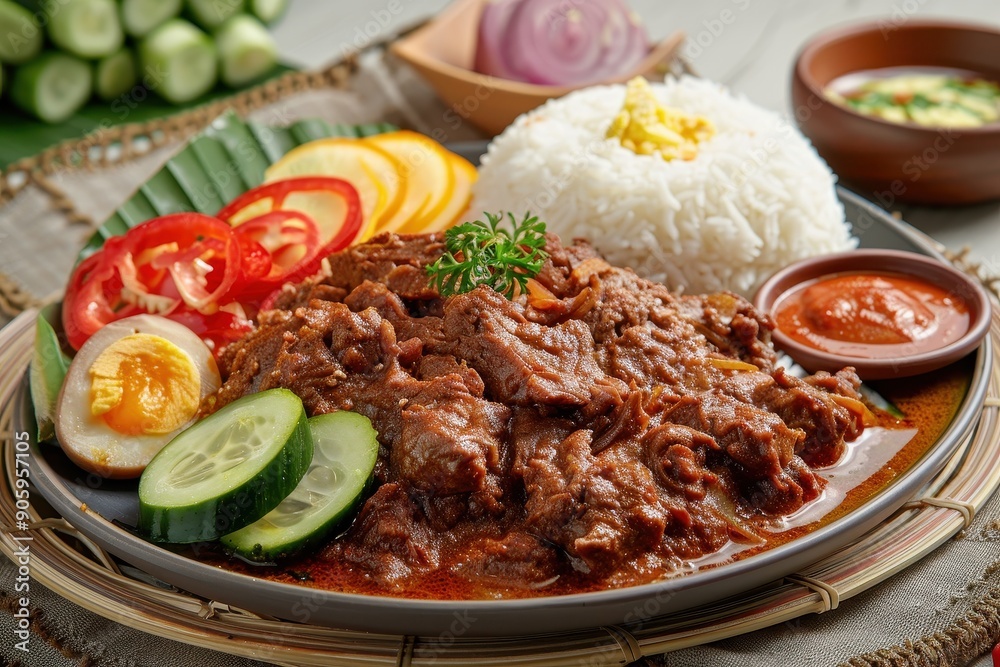 Beef Stew with Rice, Cucumber, and Red Pepper Garnishes Beef Stew with Rice, Cucumber, and Red Pepper Garnishes