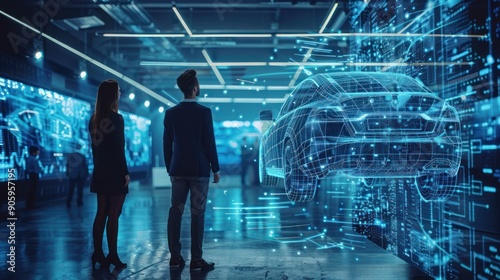 Futuristic Car Design, People Looking at Digital 3D Model of a Car in a Modern Tech Environment