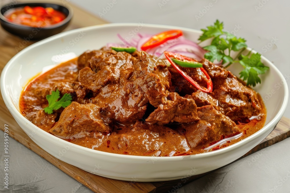 A Bowl of Spicy Beef Curry with Red Onions and Chili Peppers A Bowl of Spicy Beef Curry with Red Onions and Chili Peppers
