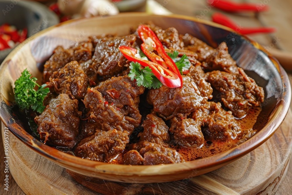 Stewed Meat with Red Chili Peppers and Parsley in Wooden Bowl Stewed Meat with Red Chili Peppers and Parsley in Wooden Bowl