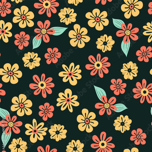 Colorful floral seamless pattern. Groovy flowers vector illustration, hippie aesthetic. Funny multicolored print for fabric, paper, any surface design.