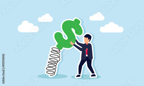 Stock market volatility fluctuations driven by investor greed, fear, and financial investment risk, concept of A businessman investor tries to grab and pull a dollar sign tied to a spring