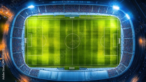 Aerial view of illuminated football stadium at night showcasing bright field and surrounding stands filled with spectators.