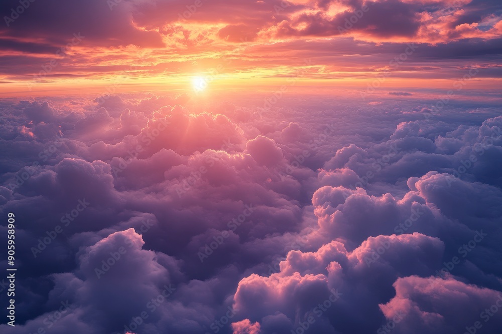 Beautiful sunset sky above clouds with dramatic light. Cabin view from airplane, ai Beautiful sunset sky above clouds with dramatic light. Cabin view from airplane, ai